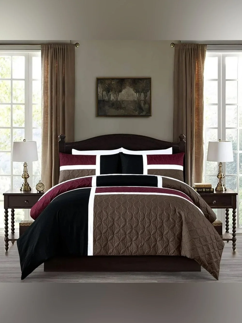 3-Piece Black, Burgundy & Brown Modern Quilt Bedding Set